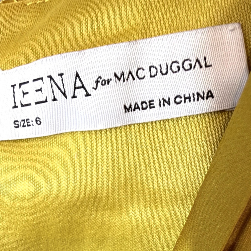 Mac Duggal Pleated‎ Satin V Neck Cap Sleeve Belted Midi Dress Citron Size 6 - Picture 6 of 14